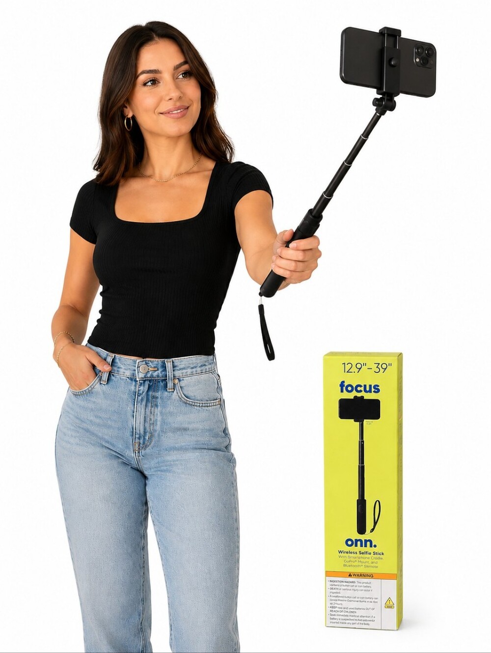 Onn Wireless Bluetooth Selfie Stick 12.9”-39” Extendable Phone & GoPro Mount